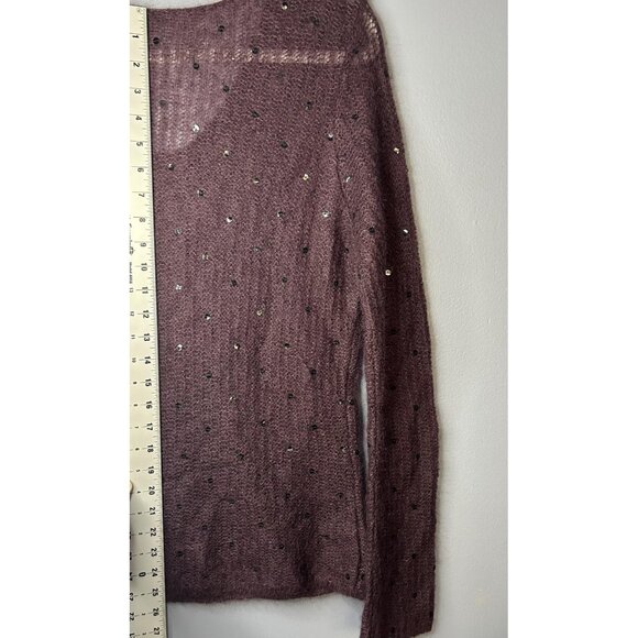 Sequin Mohair Blend Sweater Womens L Purple Fuzzy Sheer Layer Plum V Pullover - Picture 3 of 12